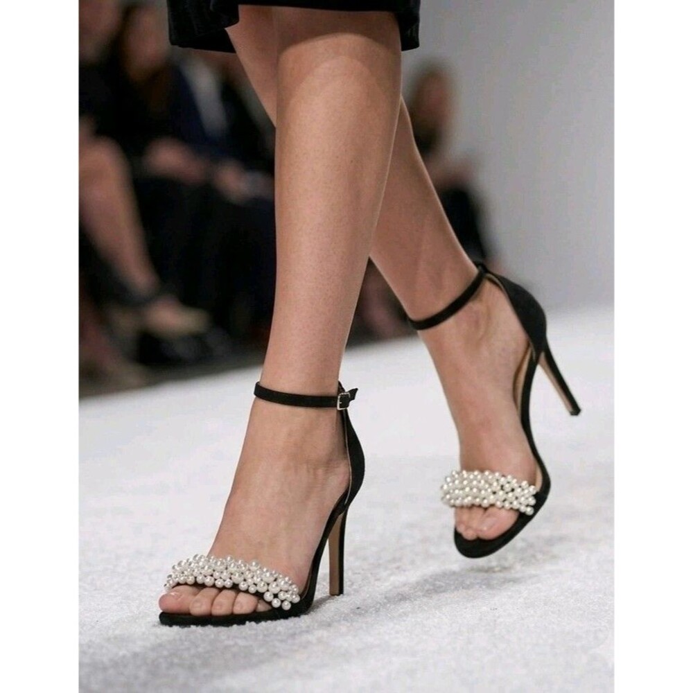 Jessica Simpson Black Suede Pearl Heel Sandals Ankle Strap Stiletto Pumps SZ  7M